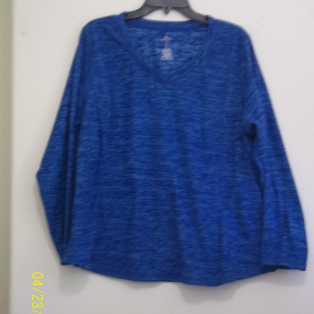 ST John's Bay 1X Long Sleeve Blue Stripe Pull Over V-Neck Top